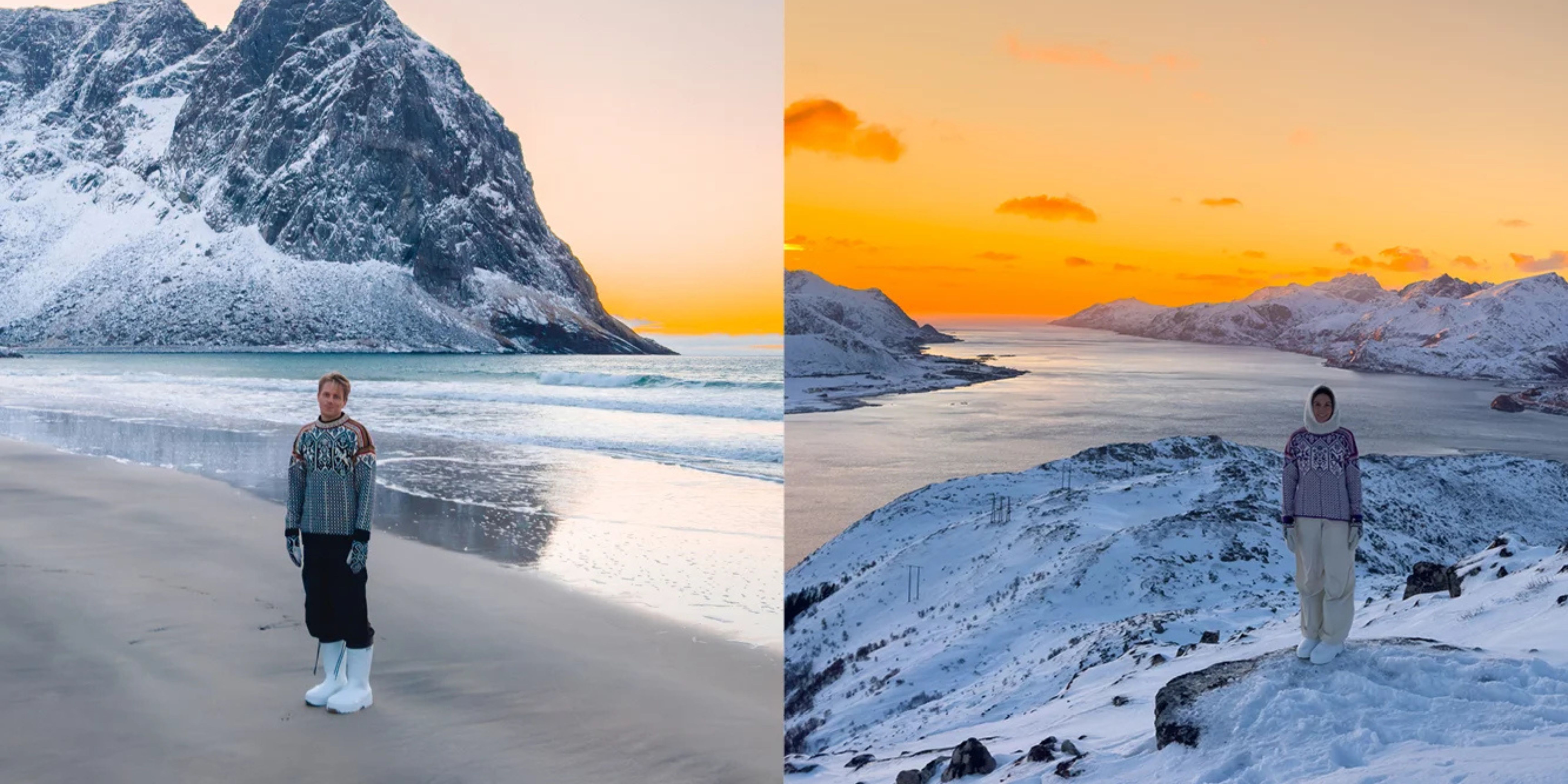 Elias og Kajsa i nord norge på en strand i OL gensere fra Dale of Norway